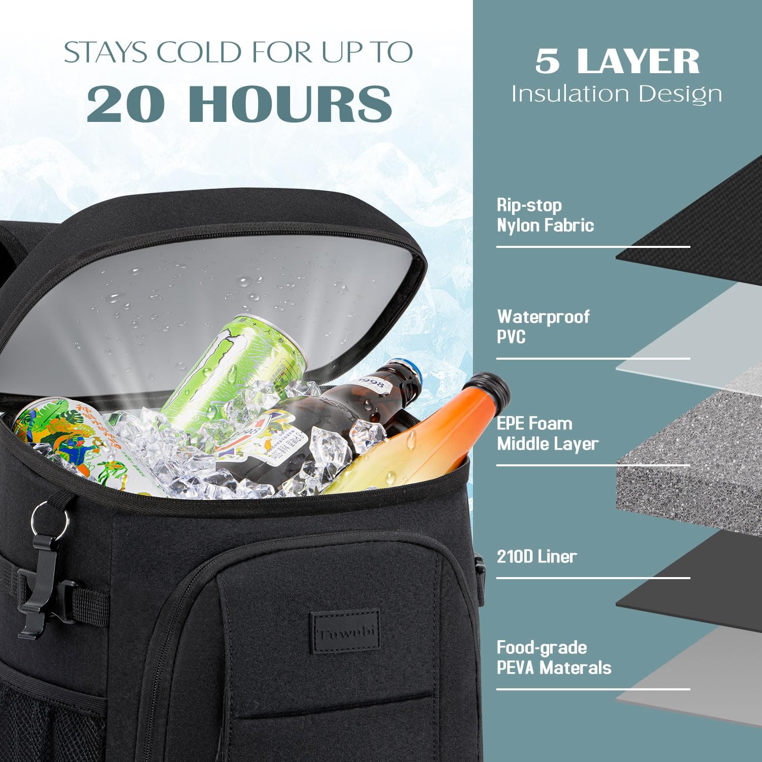 Tuwubi Cooler Backpack 35 Cans, Coolers Insulated Leak Medium, Black