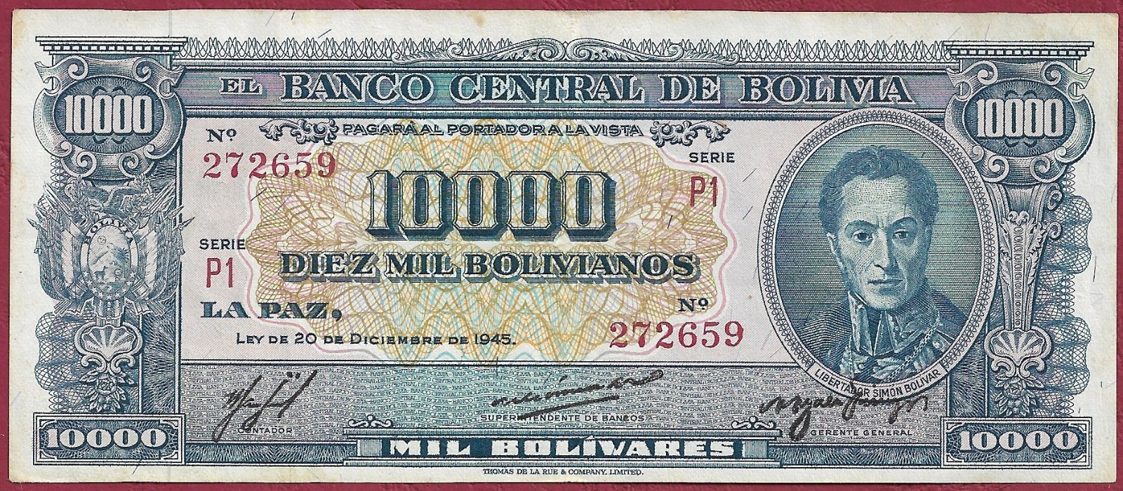 Bolivia/Bolivia 10,000 Bolivianos P-151(7) Series P1 (1945)