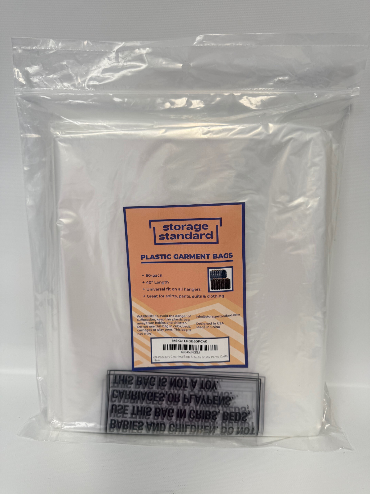 STORAGE STANDARD LPGB60PC40 60 PACK 40" PLASTIC GARMENT BAGS DRY CLEANING BAGS