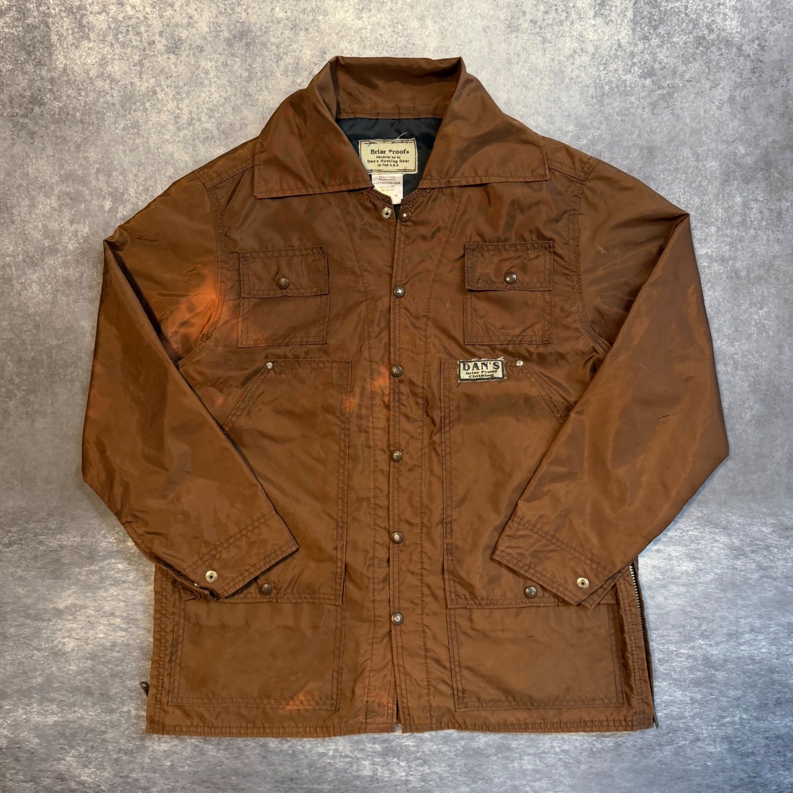 Dans Hunting Gear Briar Proof Brown Nylon Hunting Jacket Mens Size M USA Made