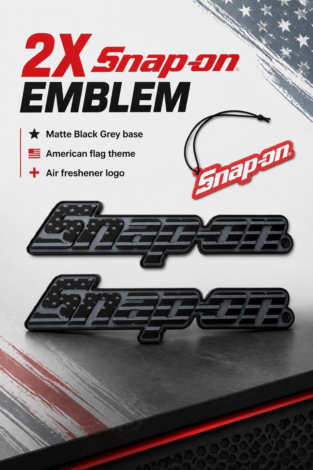 2PK SNAP ON TOOL BOX FLAG LOGO EMBLEM MATTE BLACK Plastic Badge Decal 8" + GIFT