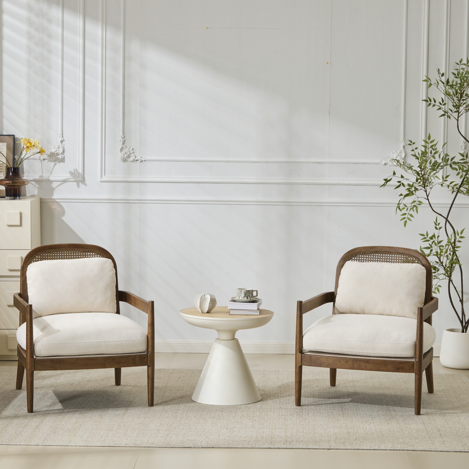 Set of 2 Mid-Century Modern Accent Chairs Rattan Back Solid Wood Beige