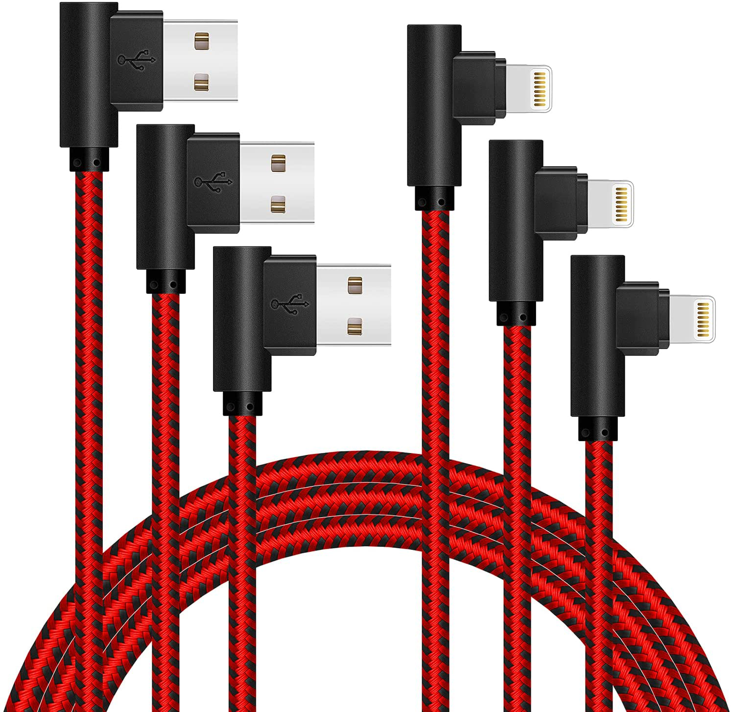 3-Pack 10FT 90 Degree IPhone Cable Fast Charger Cord Right Angle Nylon Braided