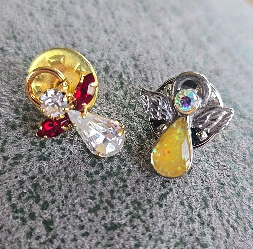 2 Vintage Angel Pins Gold & Silvertone  Red Rhinestone & Yellow Enamel