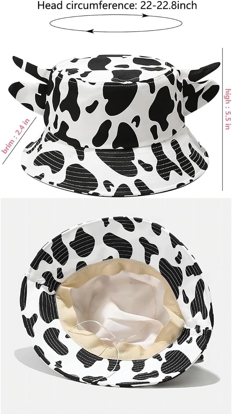 Cow Print Bucket Hat with Cute Horn Ears Beach Sun Summer Travel Sun...