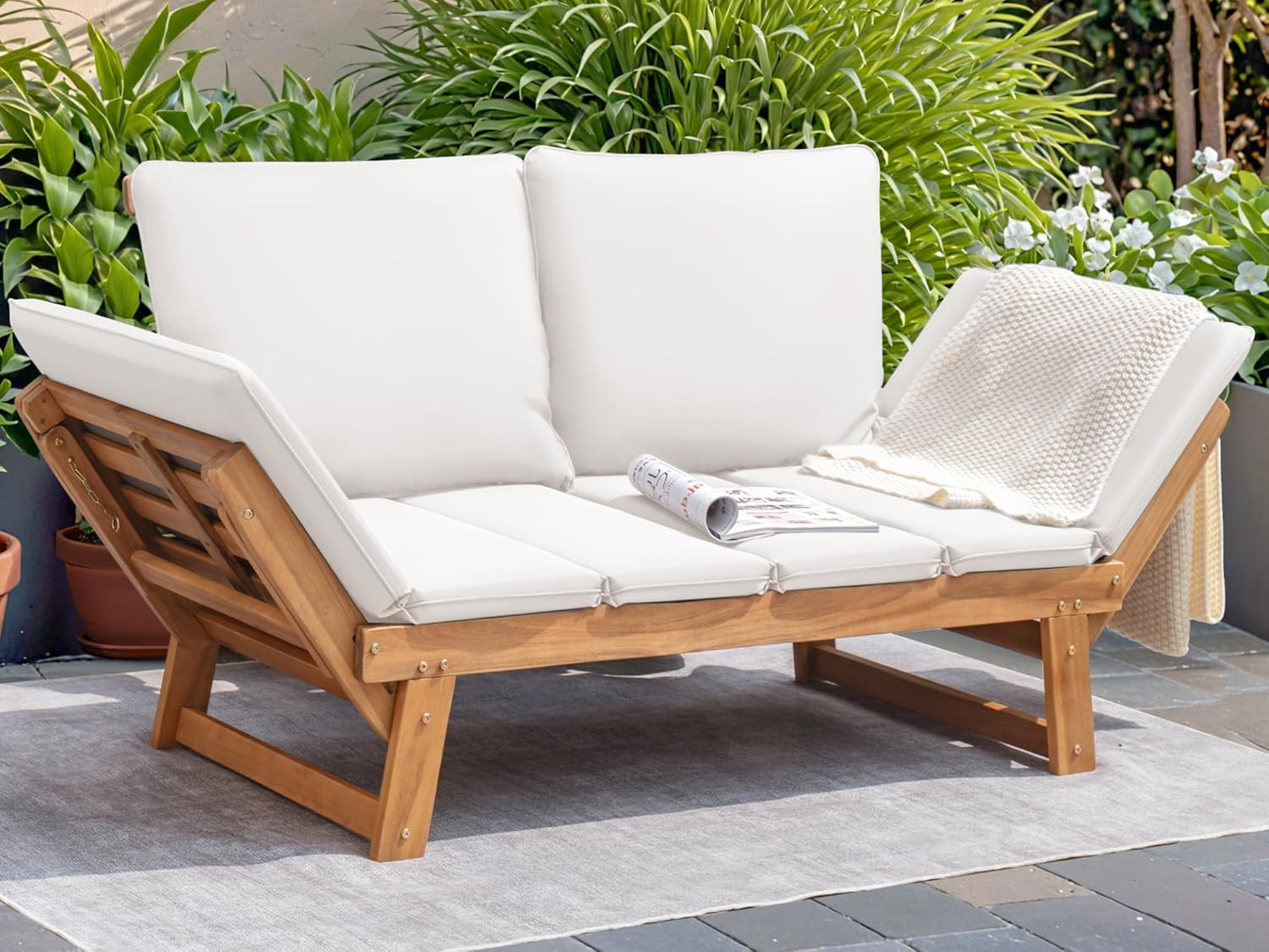 Outdoor Couch Acacia Wood Patio Couch with Adjustable Armrests, Outdoor Converti