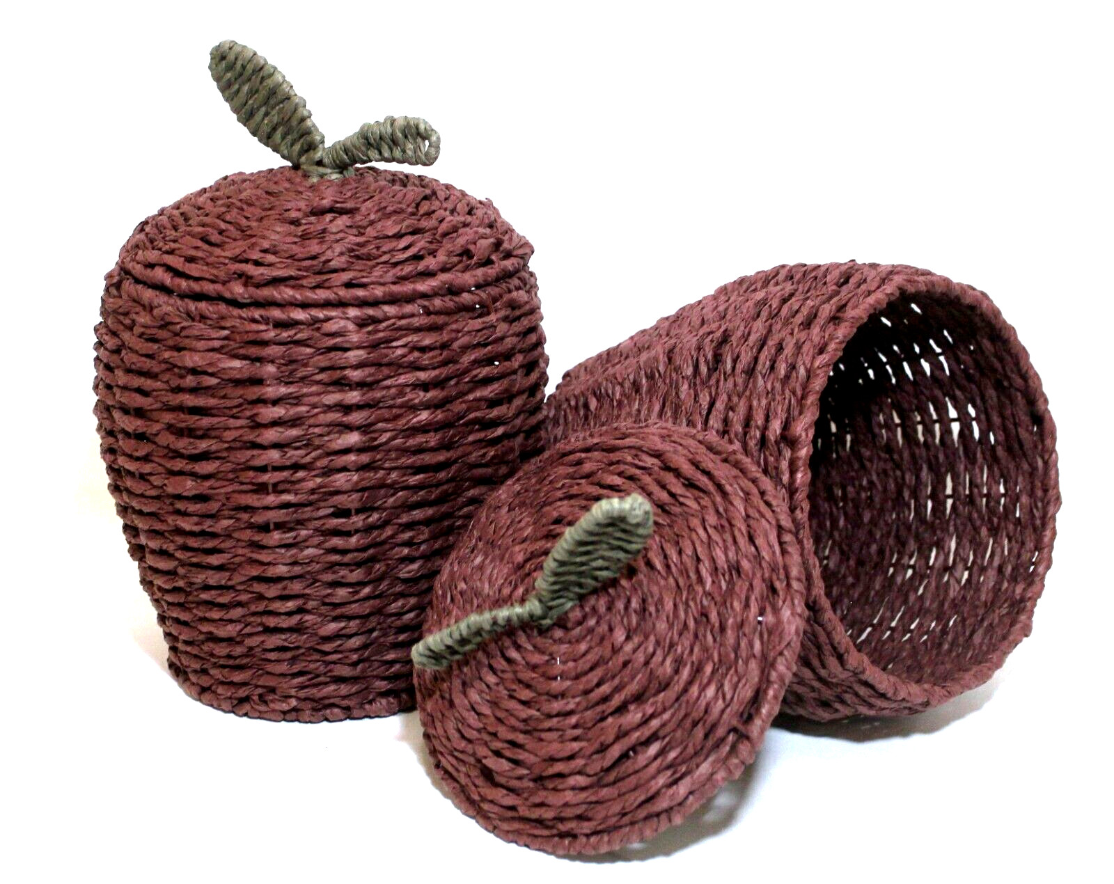 Woven Grass Basket Canisters 8" Tall Apple Shape Set 2