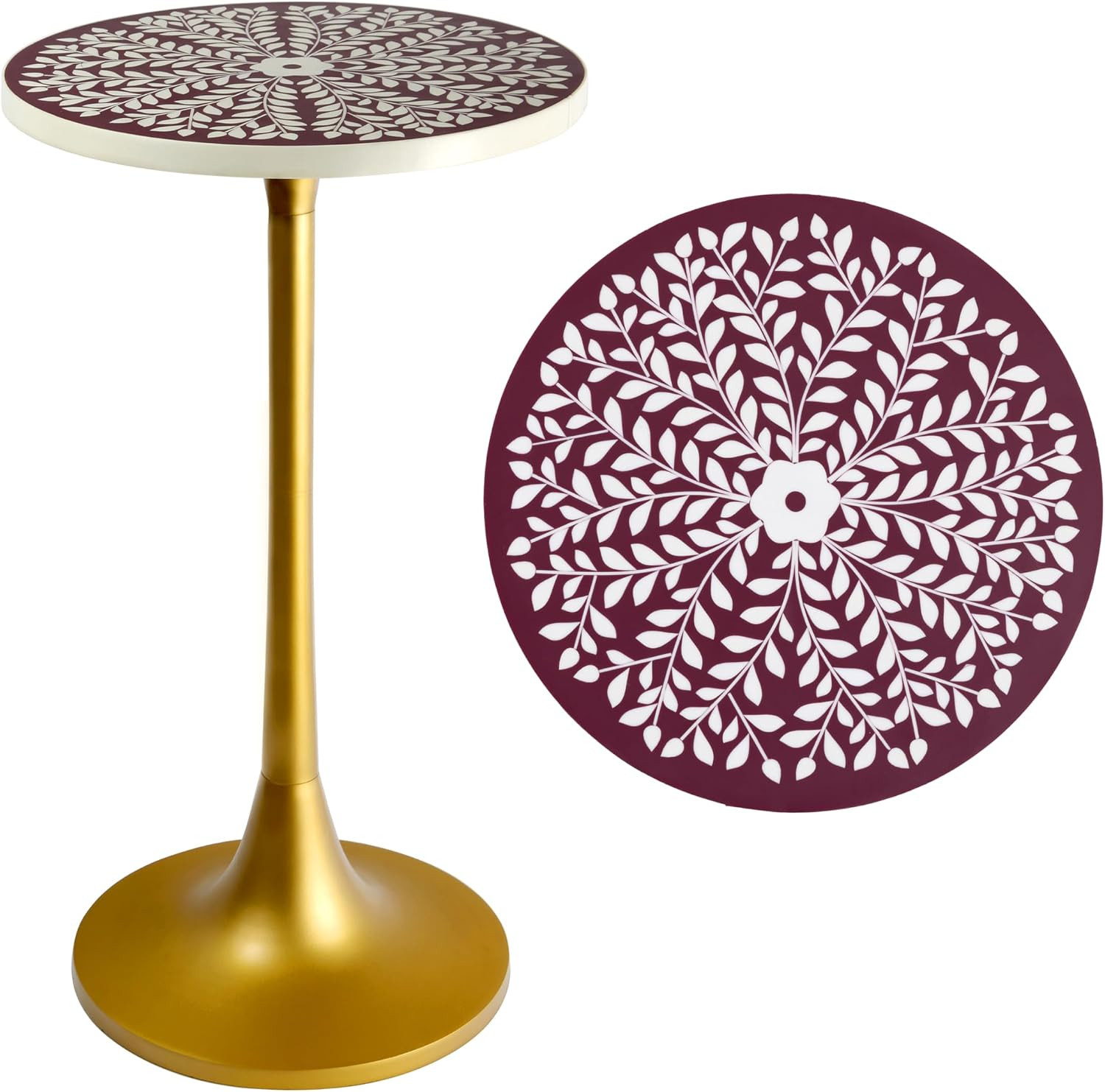 Nysha 25" Bohemian Floral Mandala round Drink Table, Purple | Semi-Glossy Gold P