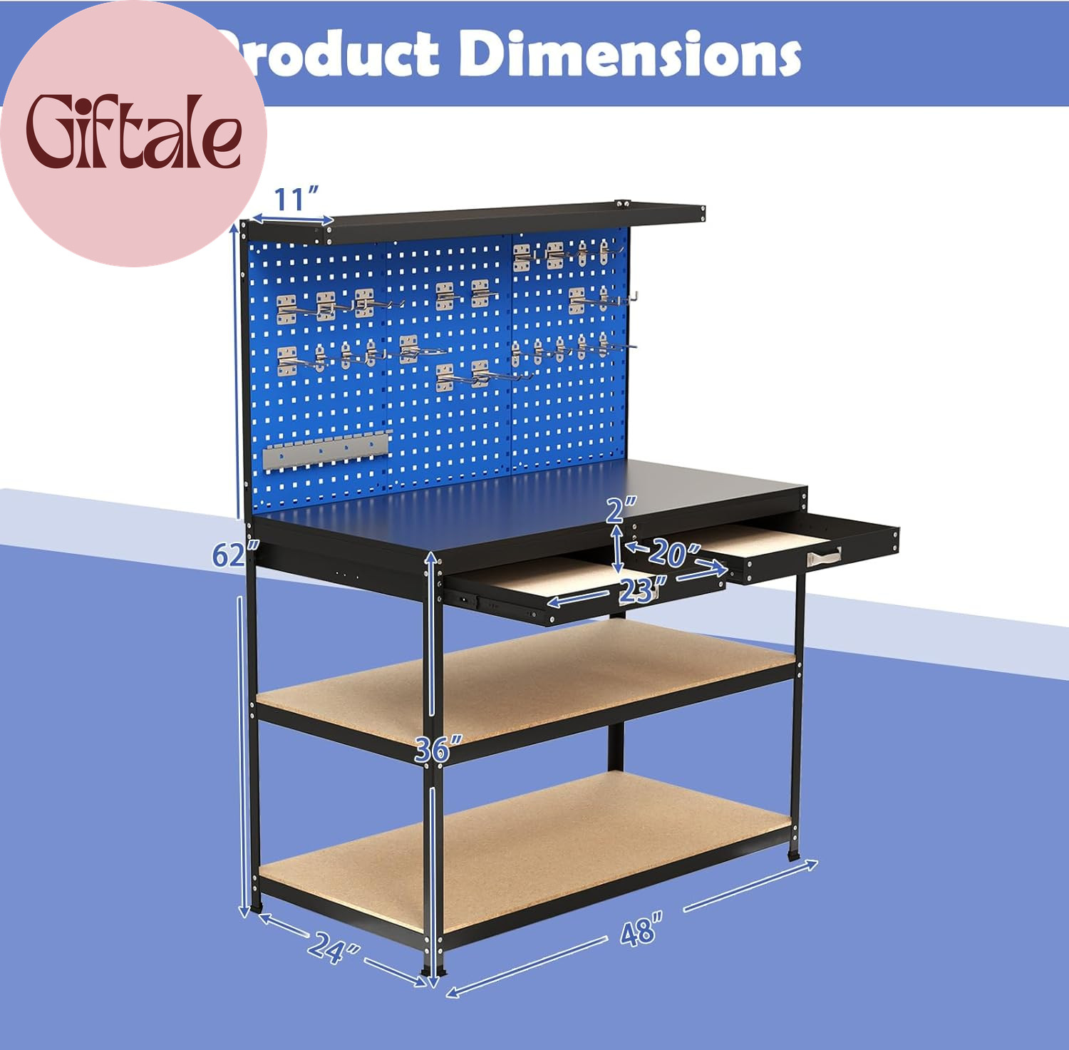 Workbench with Drawers, 48" X 24" Heavy-Duty Work Table with 3 PCS Pegboard & 4