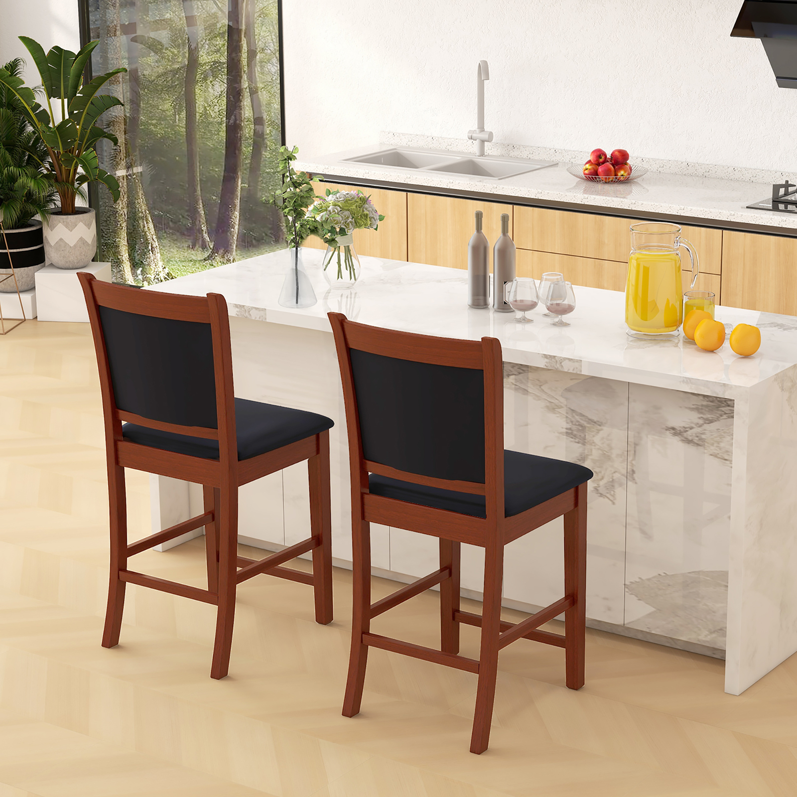 Upholstered Counter Stool Set of 2 w/ Solid Rubber Wood Frame Ergonomic Backrest