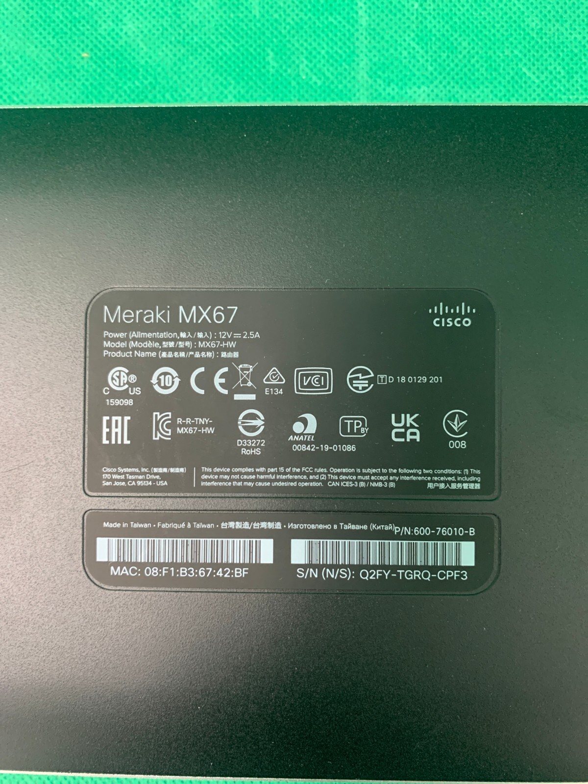 Cisco Meraki MX67-HW Managed Desktop Network Firewall Appliance ***CLAIMED***