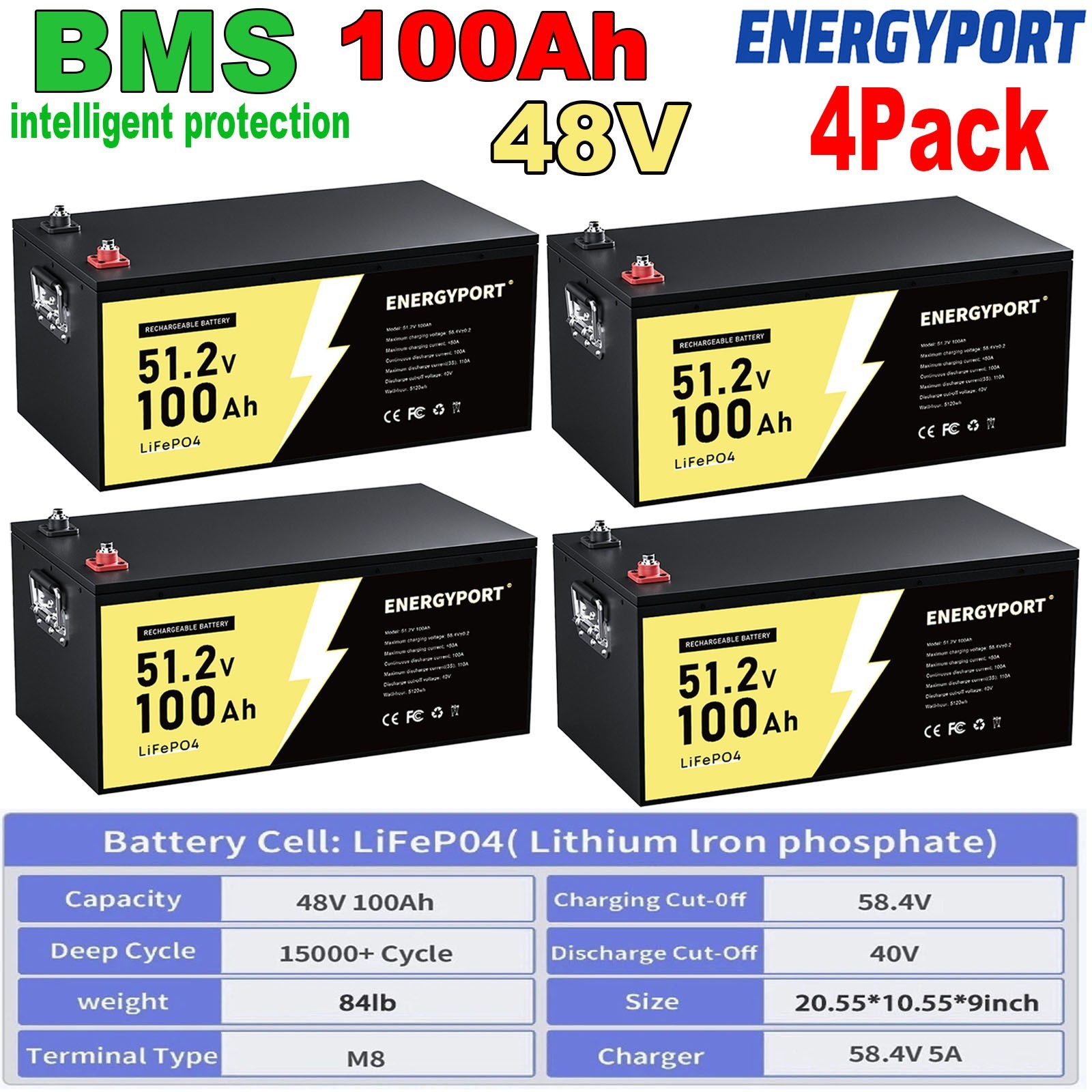 4Pcs 48V 100Ah LiFePO4 Lithium Battery Built-in BMS Deep Cycle For RV Golf Car