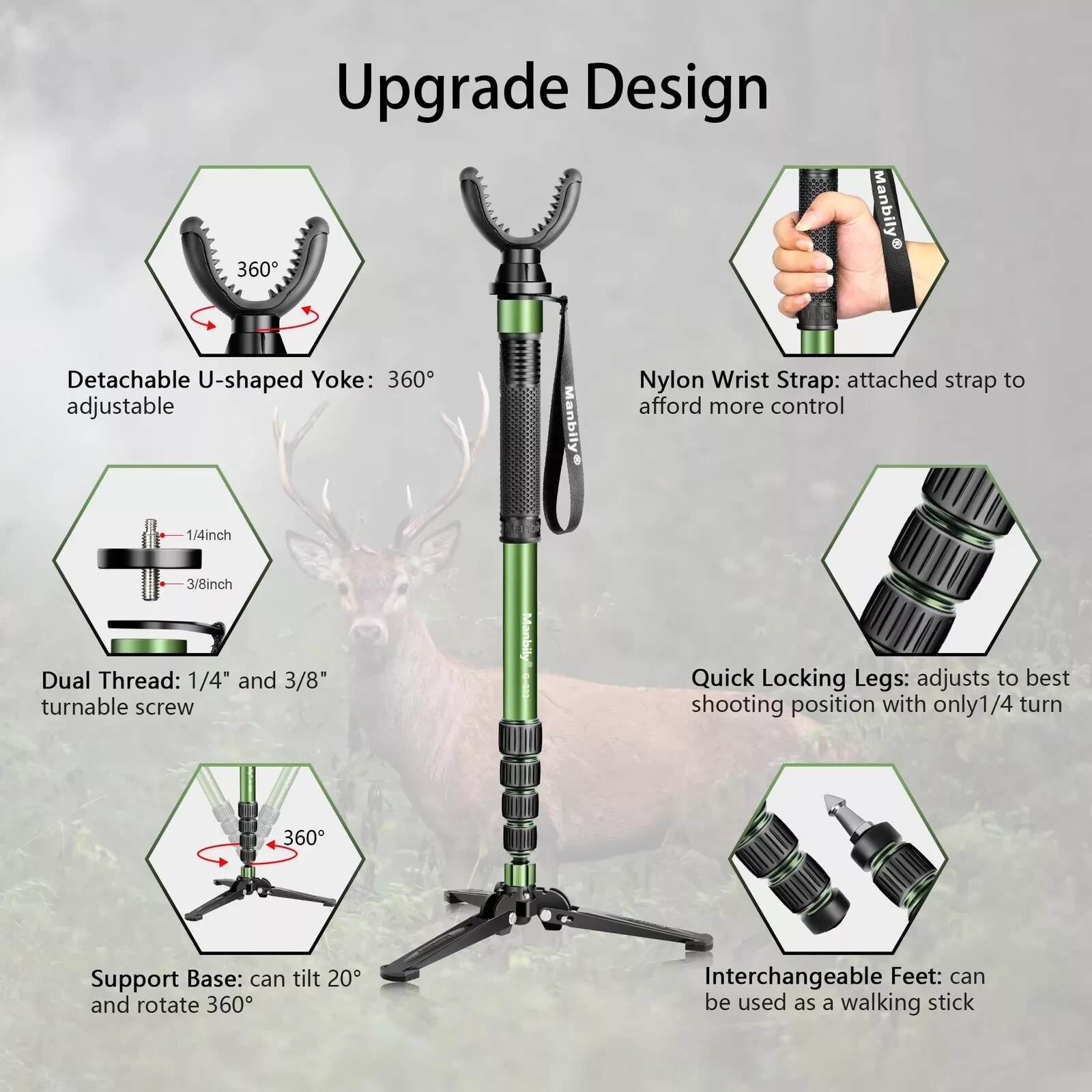 Manbily Shooting Stick Monopod with Tri-Stand Tripod Base, with Rotating US
