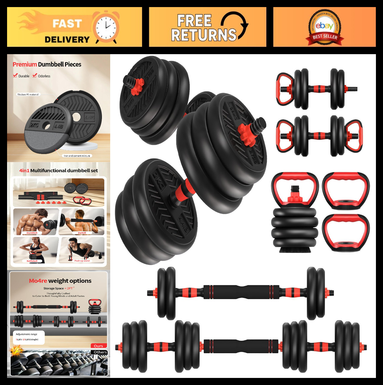 Adjustable Dumbbells Set 20-80lbs, 4-in-1 Free Weights for Home Gym, Barbell/Ket