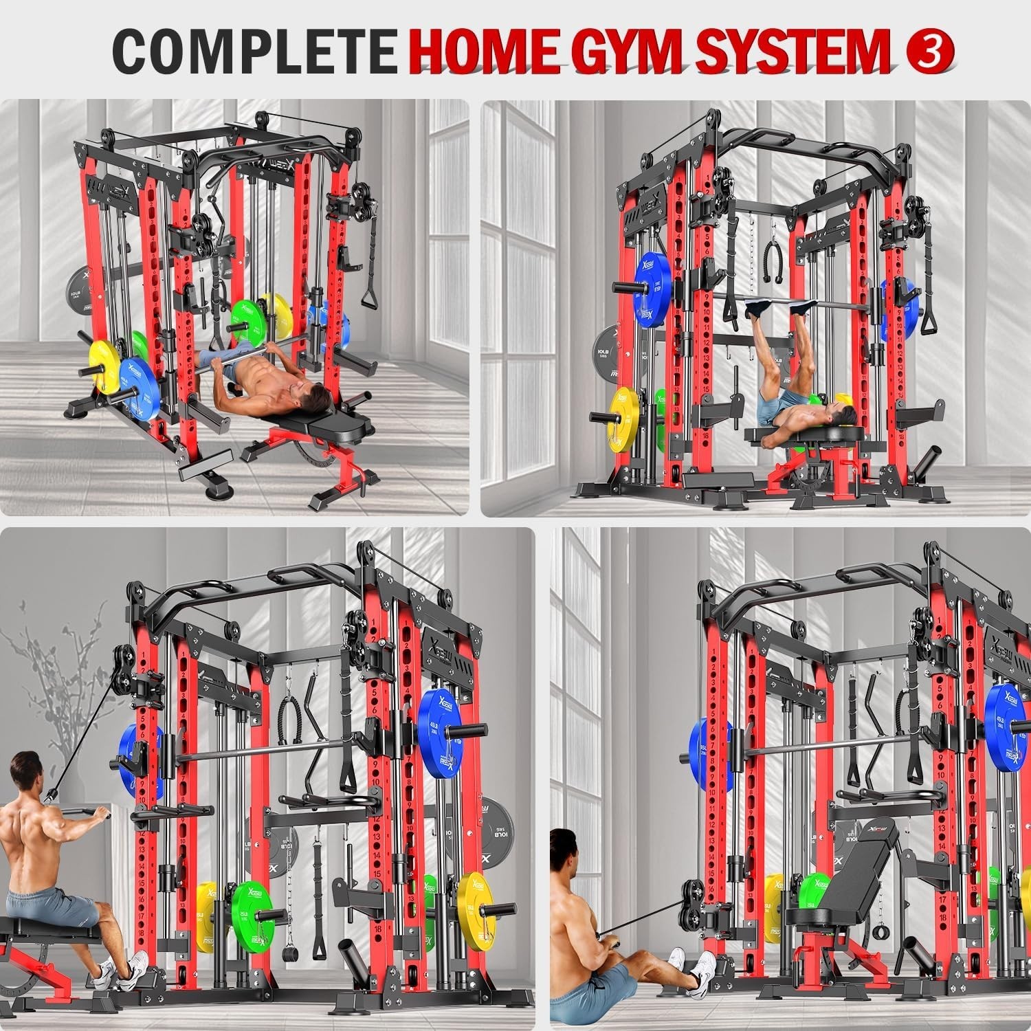 Smith Machine with Cable Crossover System, Multi-Function Power Cage Squat Rack