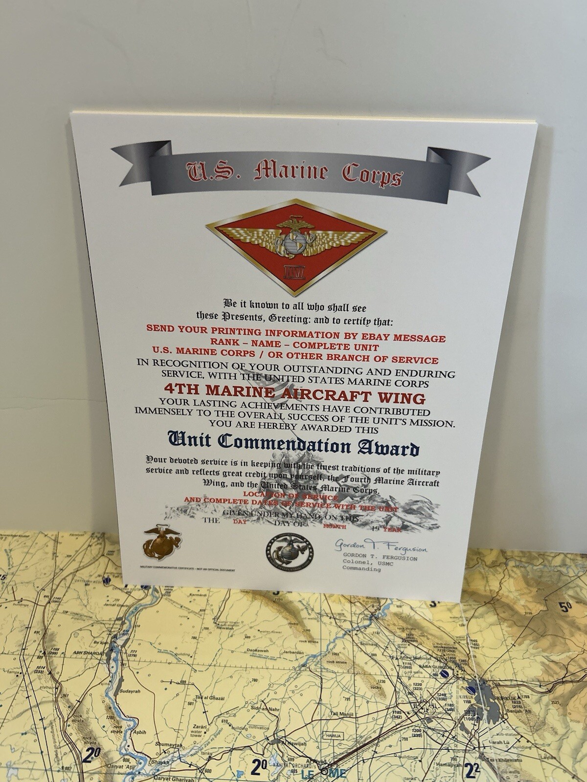 U.S.M.C. / 4TH MARINE AIRCRAFT WING - UNIT COMMENDATION AWARD CERTIFICATE