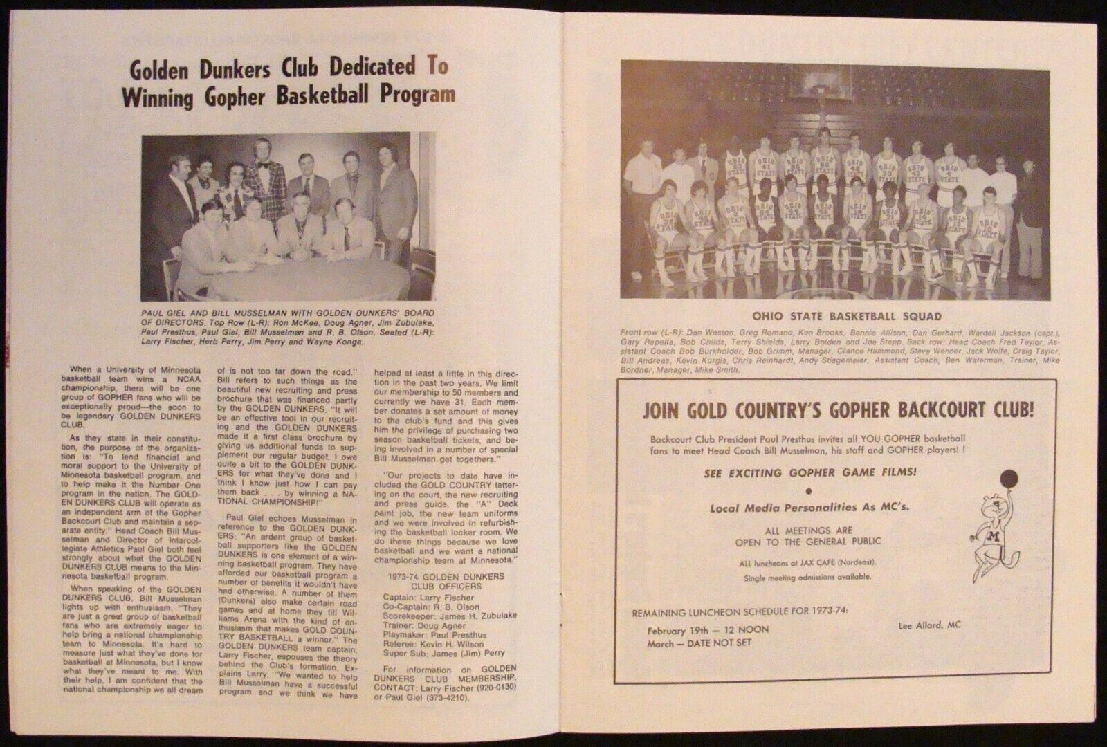 FEB 4, 1974 MINNESOTA GOPHERS V. OHIO STATE BASKETBALL PROGRAM - GEORGE SCHAUER