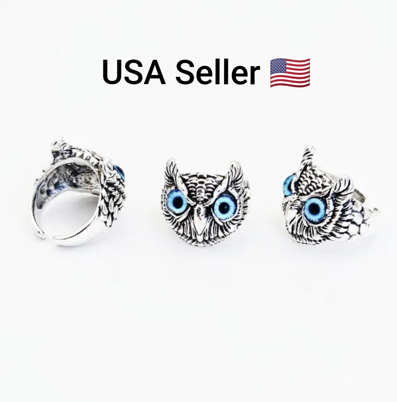 New Vintage Demon Eye Owl Ring Unisex Retro Animal Open Adjustable Ring Blue Owl