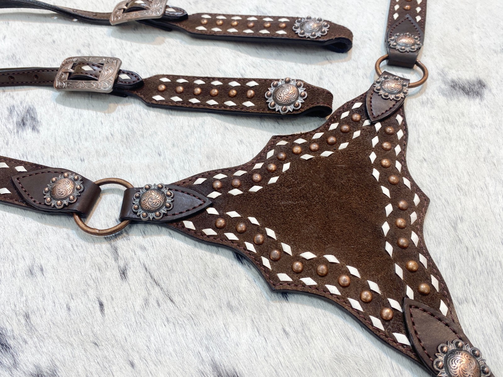 Genuine Western Headstall and Breast Collar Set with Copper Studs Décor MOUSM