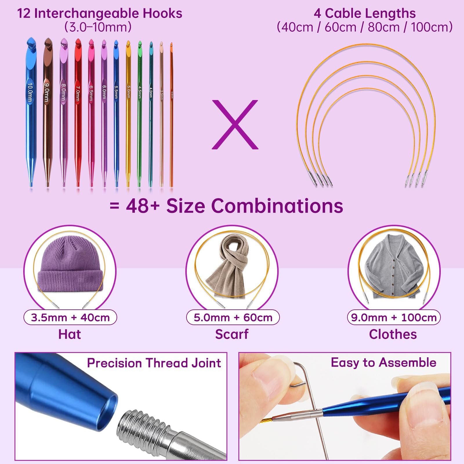 Interchangeable Tunisian Crochet Hooks Set – 12 Sizes (3.0–10mm) Aluminum Cro...