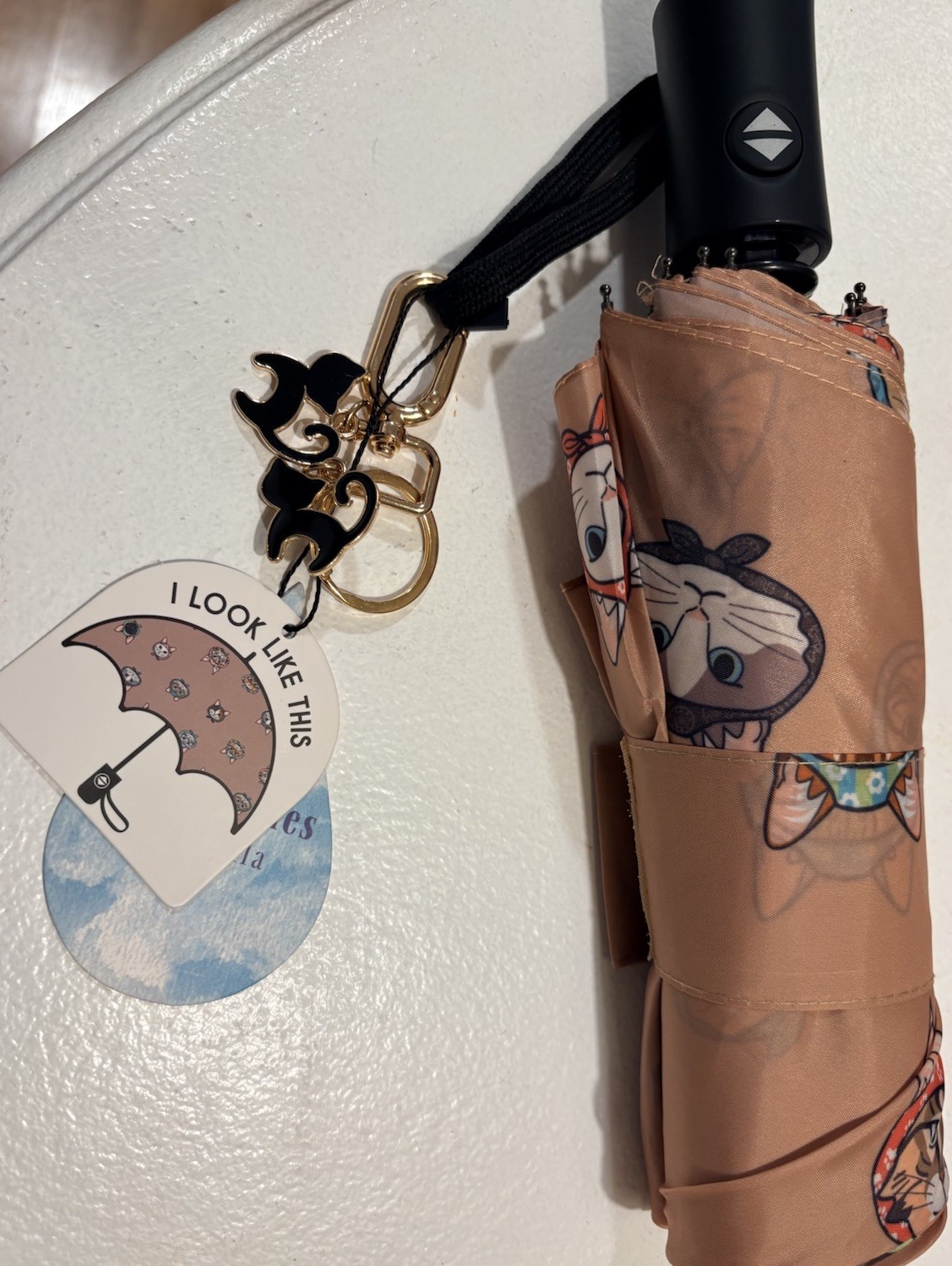 Cat Lovers Umbrella 40" canopy Cute Cats! Gold/Black Cat Charm Handle /Pop Open