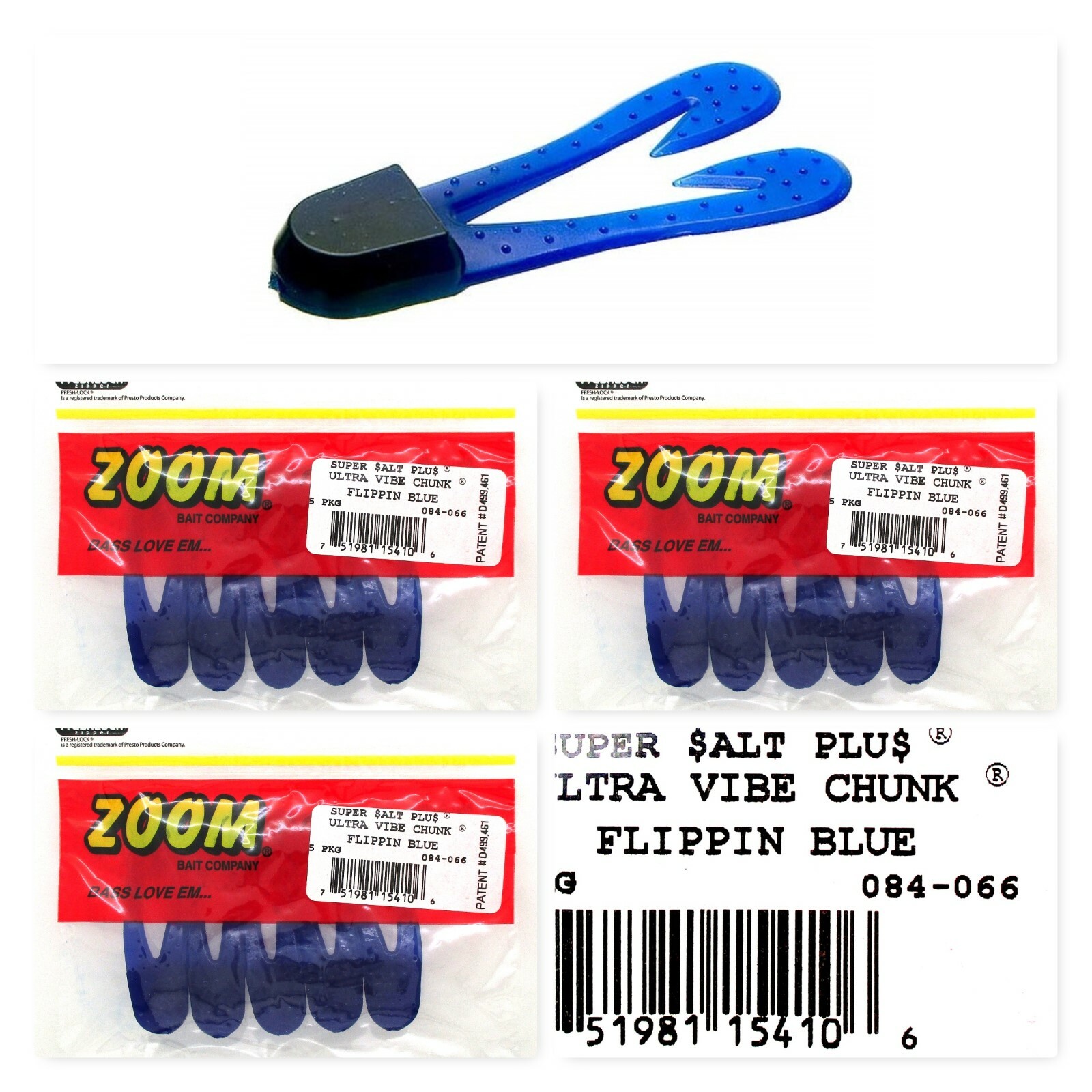 (3) Unopened Packs Bags Zoom 3" Ultra Vibe Chunk Flippin Blue 084-066 Brand New
