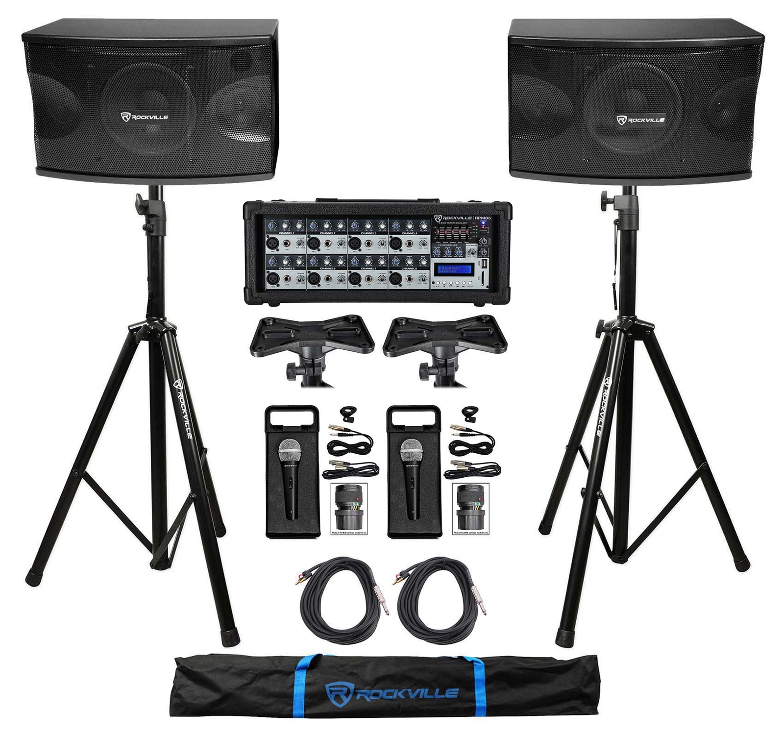 (2) Rockville KPS80 8" 3-Way 800w Karaoke Speakers+Mixer+Tripod Stands+(2) Mics