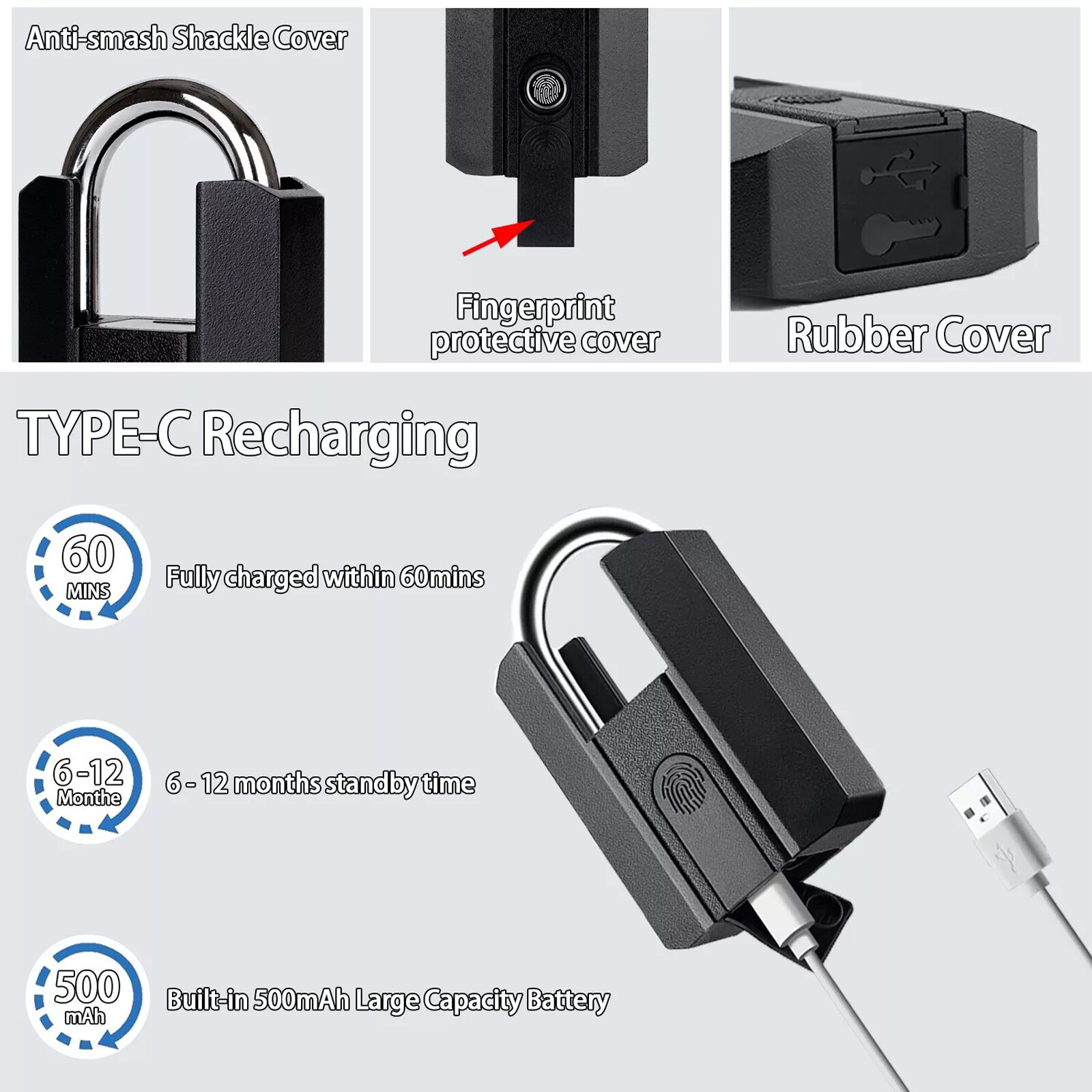 Smart Fingerprint Door Lock Keyless Padlock Security USB Rechargeable