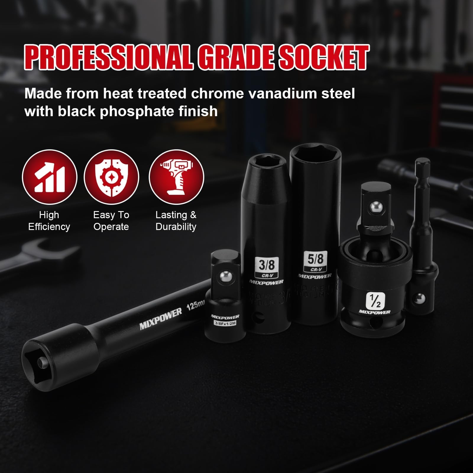 25 PCS 1/2” Drive Impact Socket Set, 3/8" to 1-1/2" Deep Socket, 6-Point H