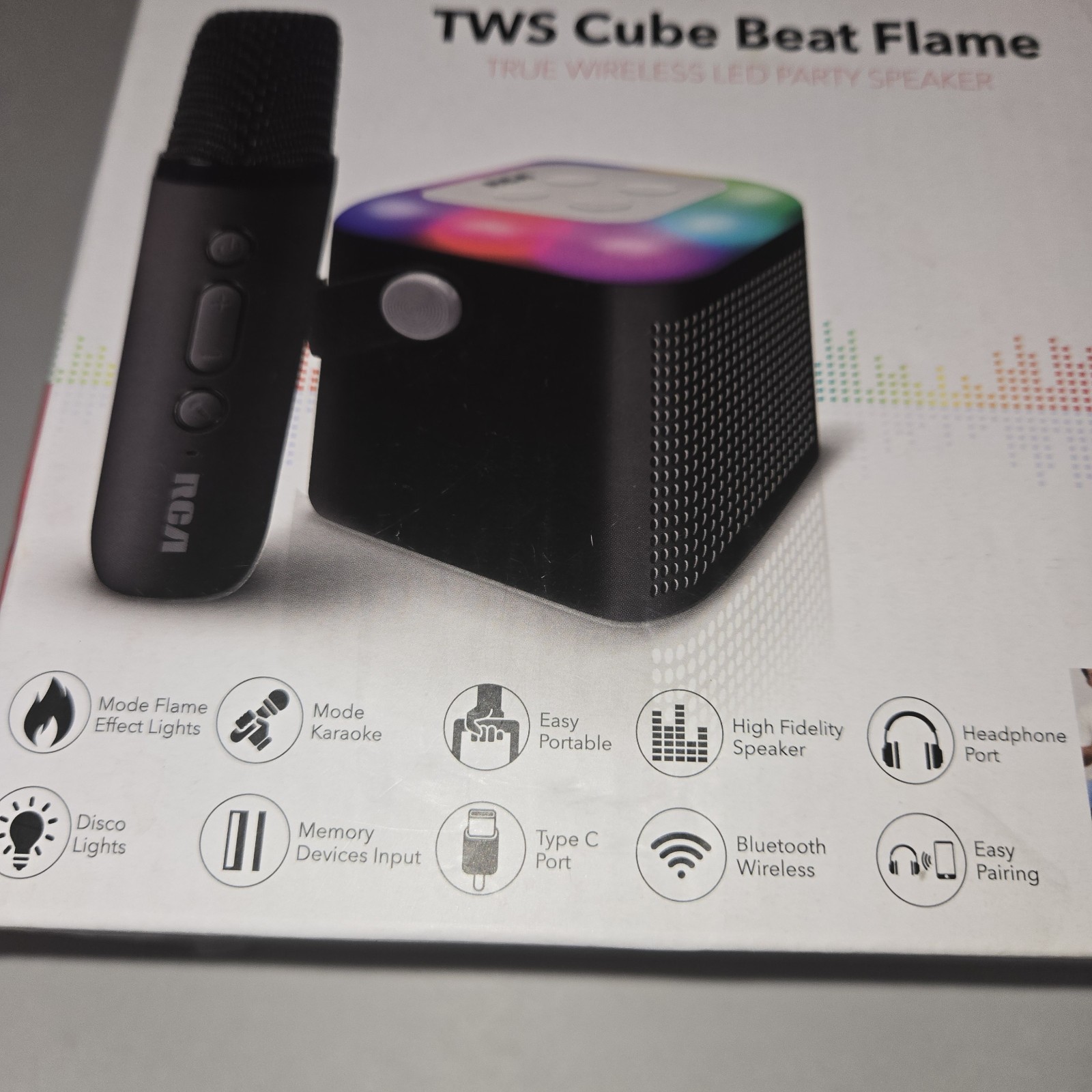 RCA Cube Beat Flame True Wireless LED Party Speaker Karaoke Bluetooth Microphone