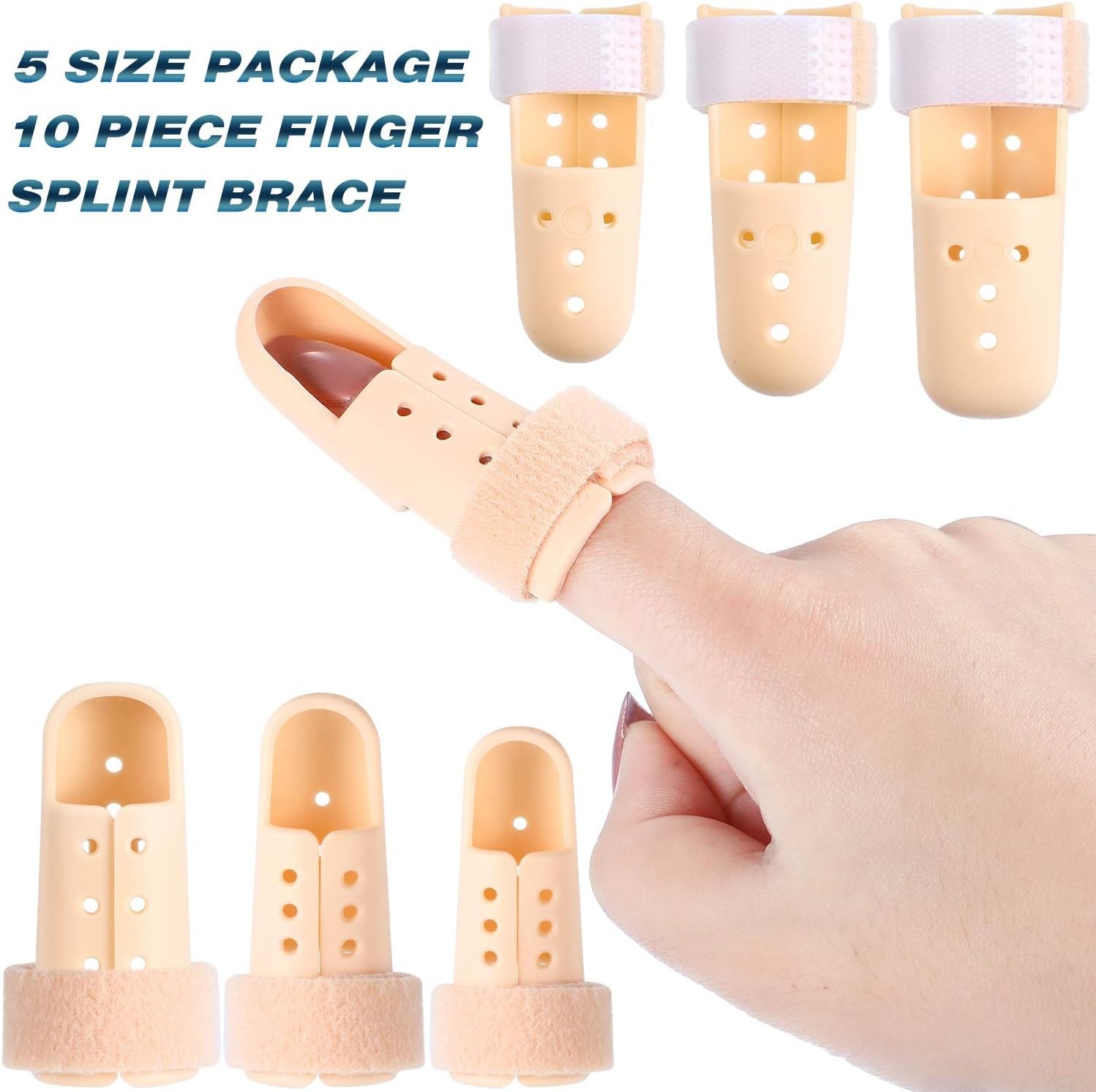 10 Pcs Mallet Finger Splint, 5 Sizes Finger Support Brace Stabilizer (Beige)