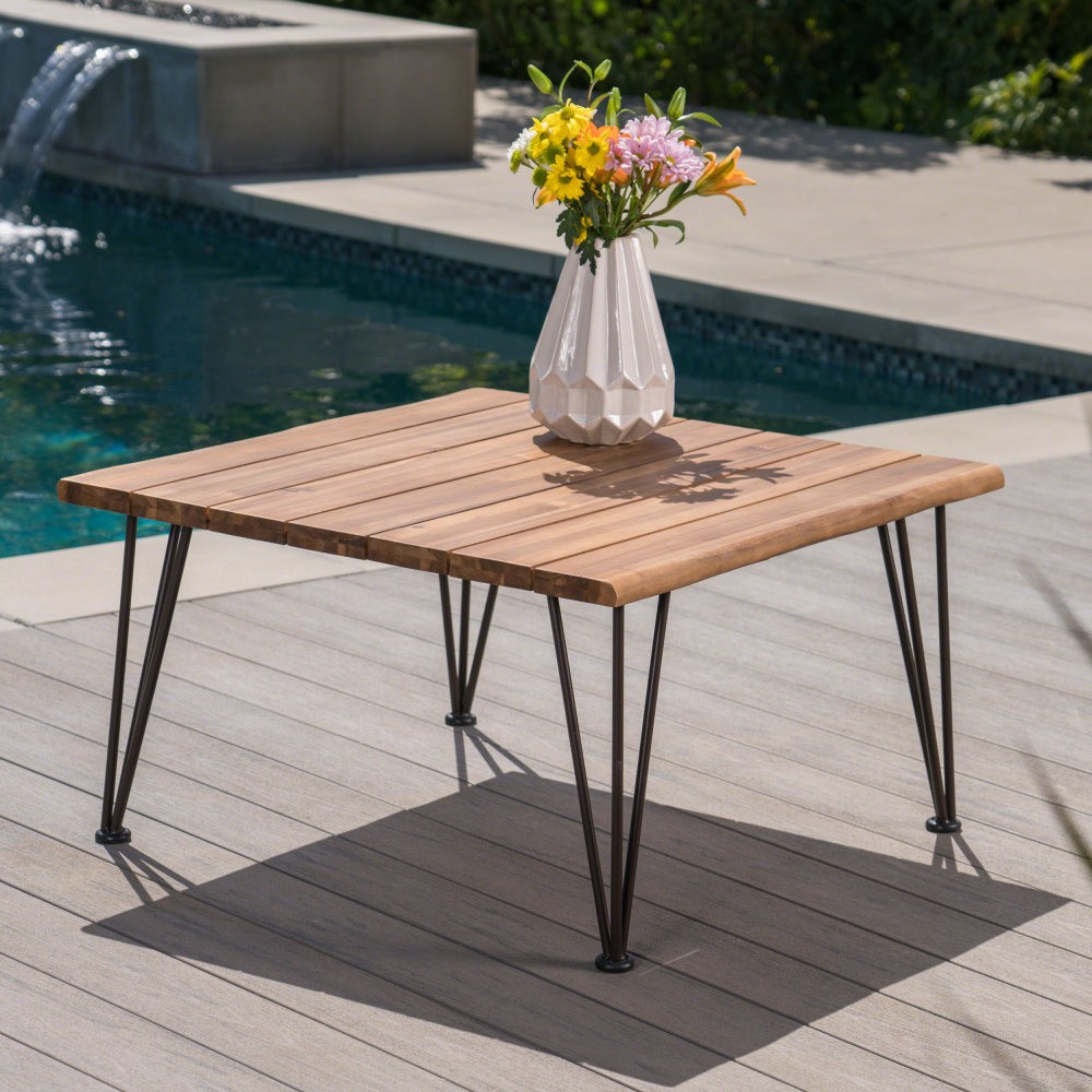 Rustic Acacia Wood Coffee Table w/ Iron Frame for Outdoor Patio