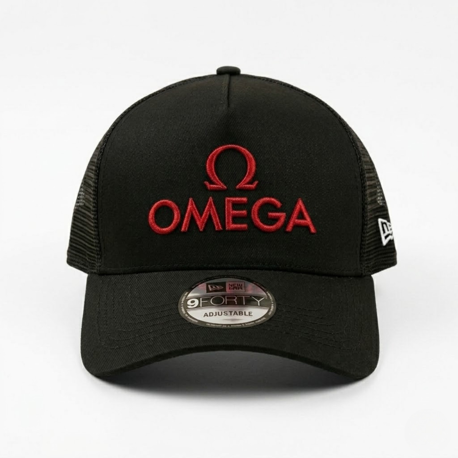 Omega Watch Embroidered Watch Brand Red Logo Hat Mesh Back Adjustable Black Cap