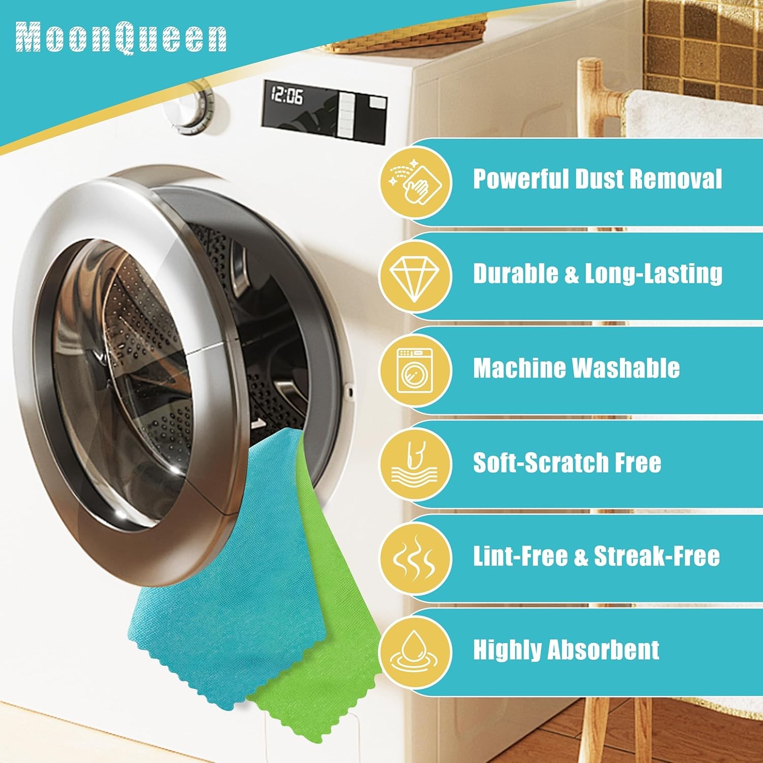 MOONQUEEN 12 Pack Microfiber Cleaning Cloth - Reusable Cleaning Rag, Fast Drying