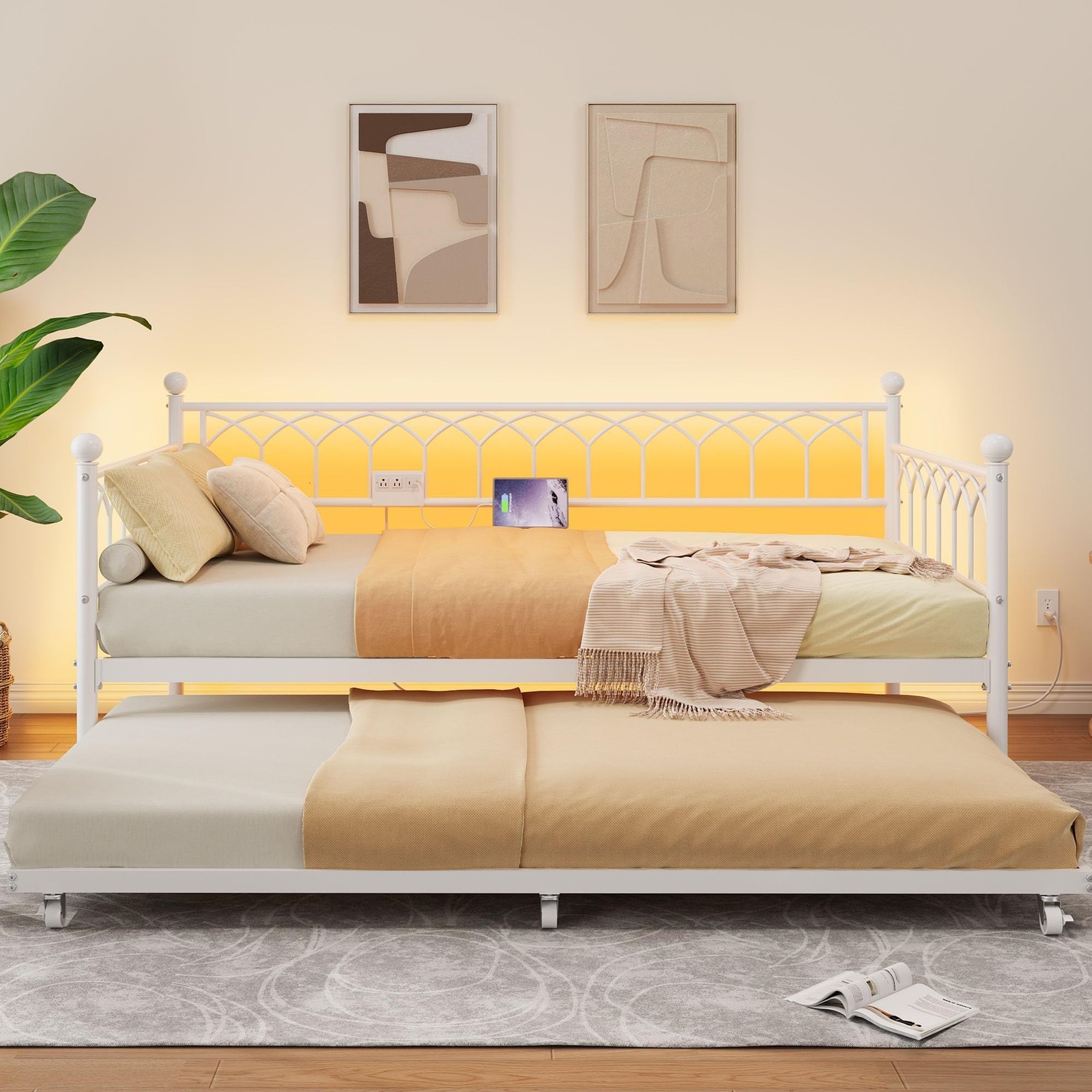 Twin Daybed with Trundle Metal Sofa Bed Frame with Charging Station & LED Lights