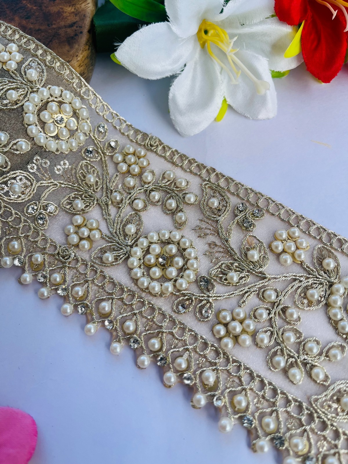 2.95 Inch Wide Gold Trim: Rhinestone & Pearls Embellished Border, 1 Yard