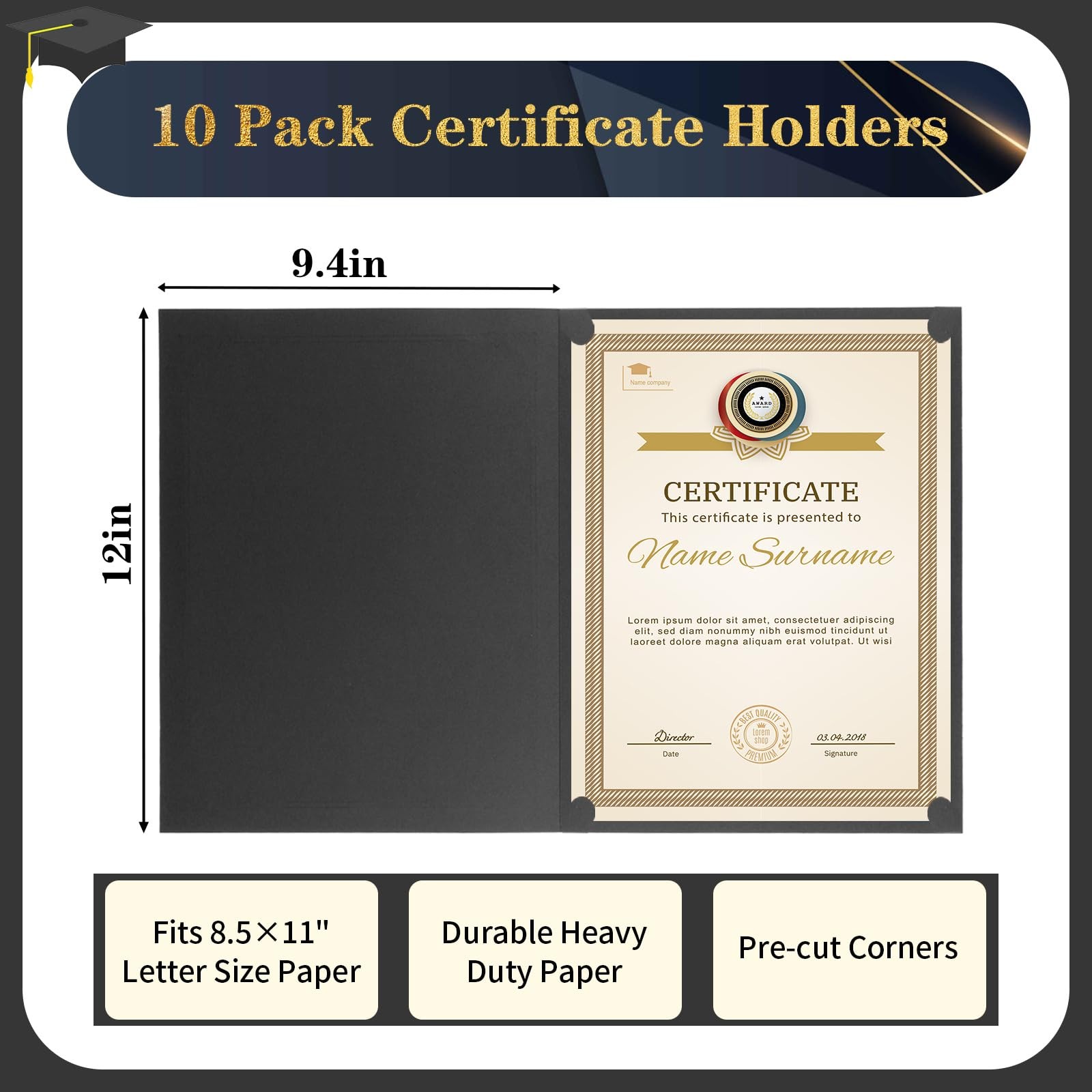 10 Packs Certificate Holders, Black Certificate Covers, Diploma Holders, Cert...