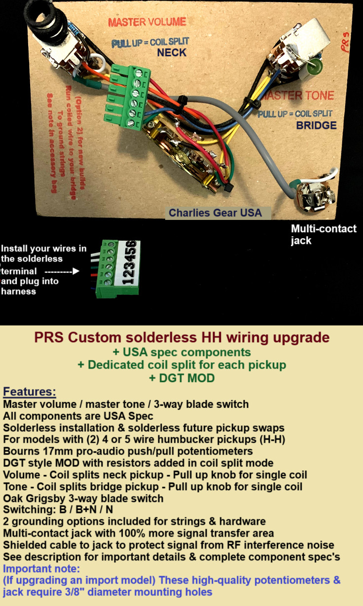 PRS Custom Solderless HH Wiring Upgrade + DGT MOD + Individual pickup Coil Split