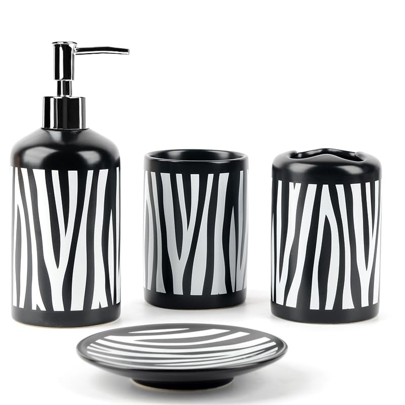 WPM 4 Piece Ceramic Bathroom Set - Zebra Print - Our Complete Bath Decor Kit ...