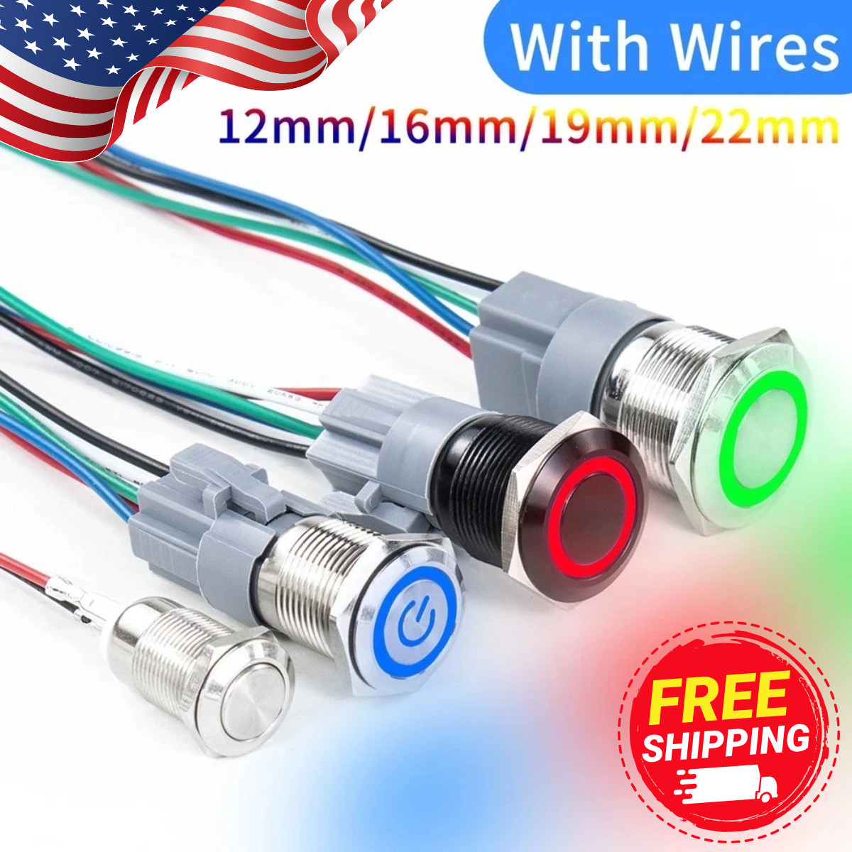 16mm 12V LED ON OFF Waterproof Stainless Steel Latching Push Button Power Switch