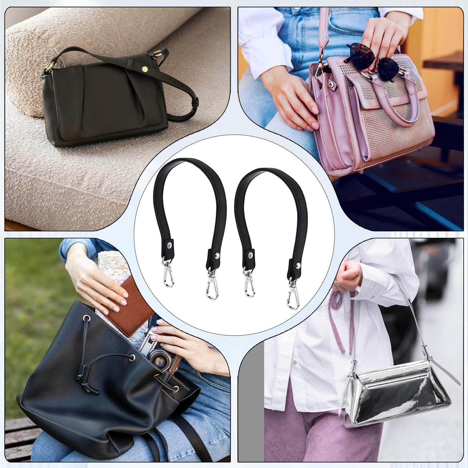 2PCS Black Purses Leather Replacement Handles Straps, Black Leather Purse Str...