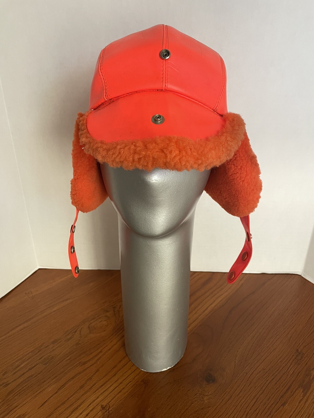 VINTAGE 1960's Blaze Orange HUNTING HAT CAP w/ Faux Fur & Snap Ear Flaps ~ Med