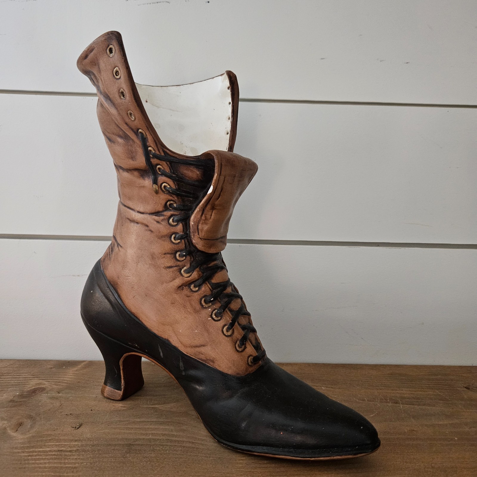 Vintage Victorian Boot High Heel Vase Planter Lace Up Shoe Ceramic Decor 12”