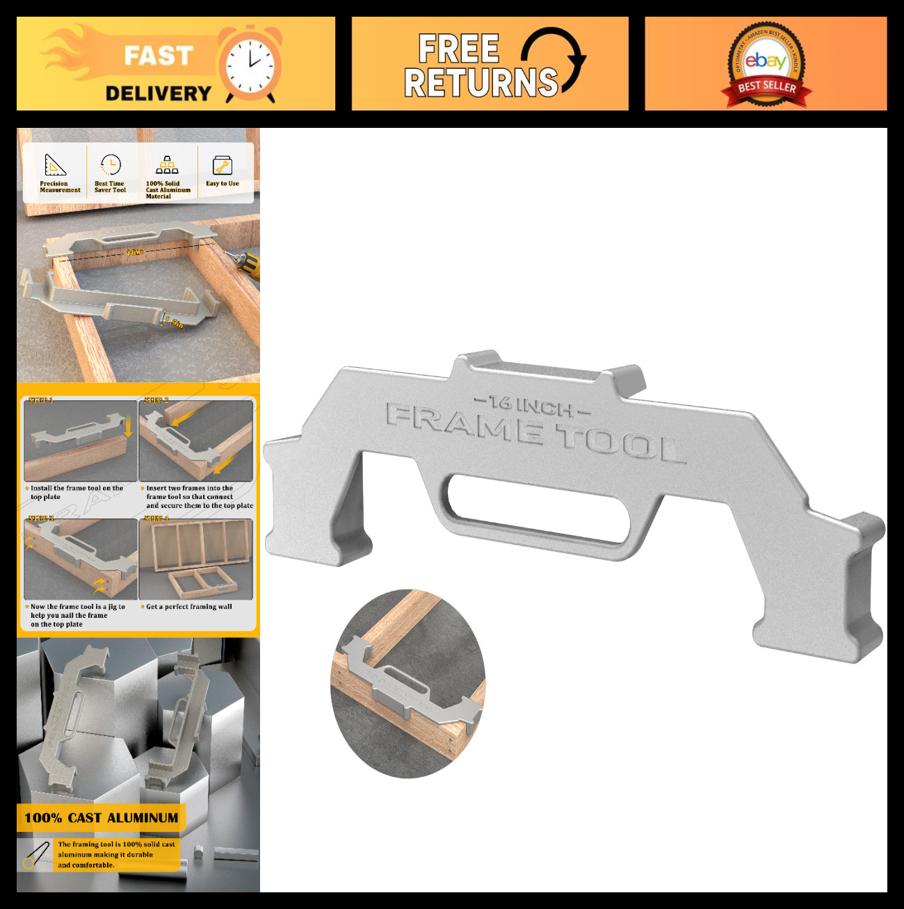 16" Stud Layout Tool - Cast Aluminum Framing Spacing Jig for Precision Measureme