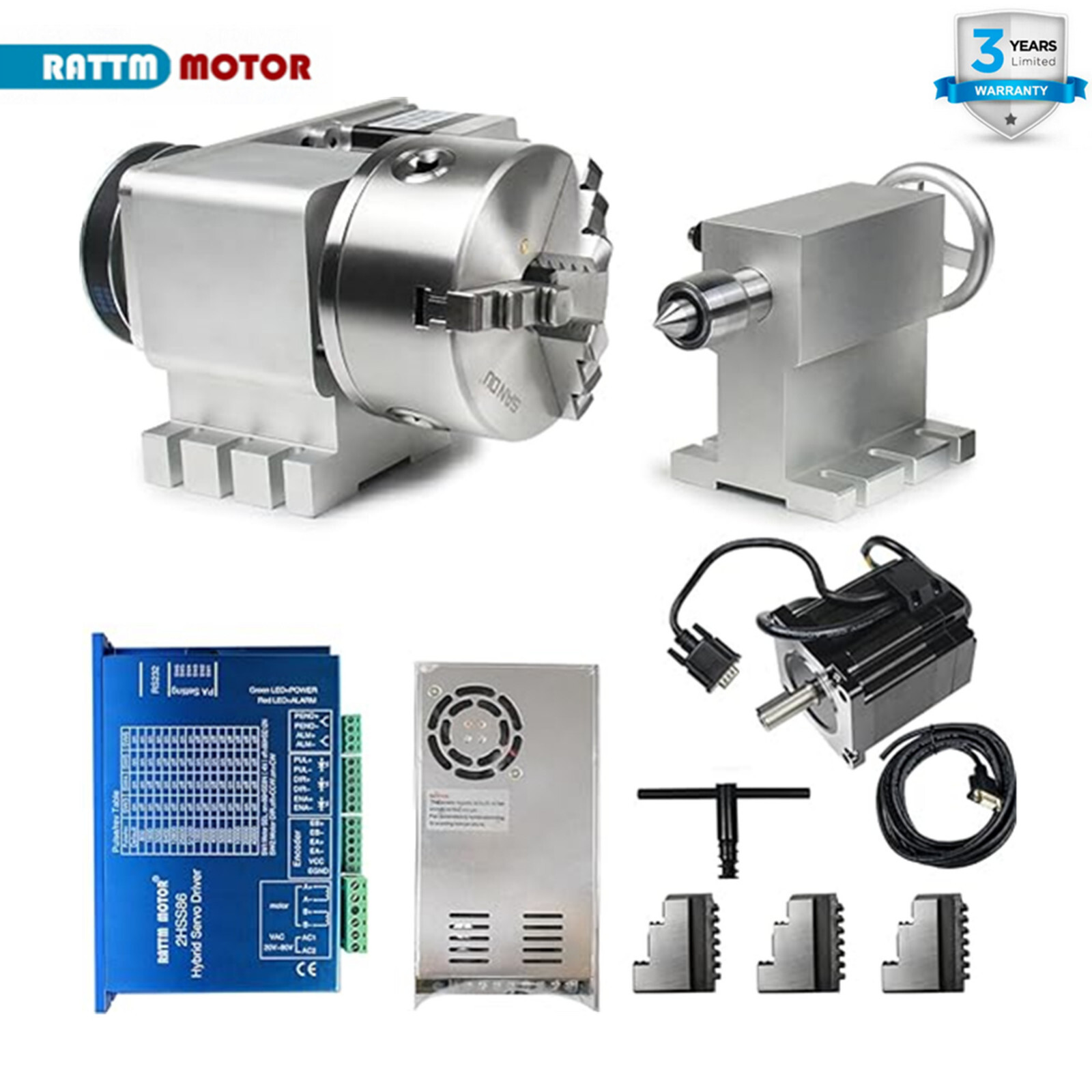 CNC Rotation 4th Axis 130mm 3-jaw 4 Jaw Chuck Dividing Head 4:1+Tailstock+Nema34
