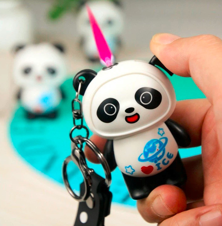 Cute Panda Torch Lighter w Pink Flame Keychain Kawaii Lighters Anime Car Keys