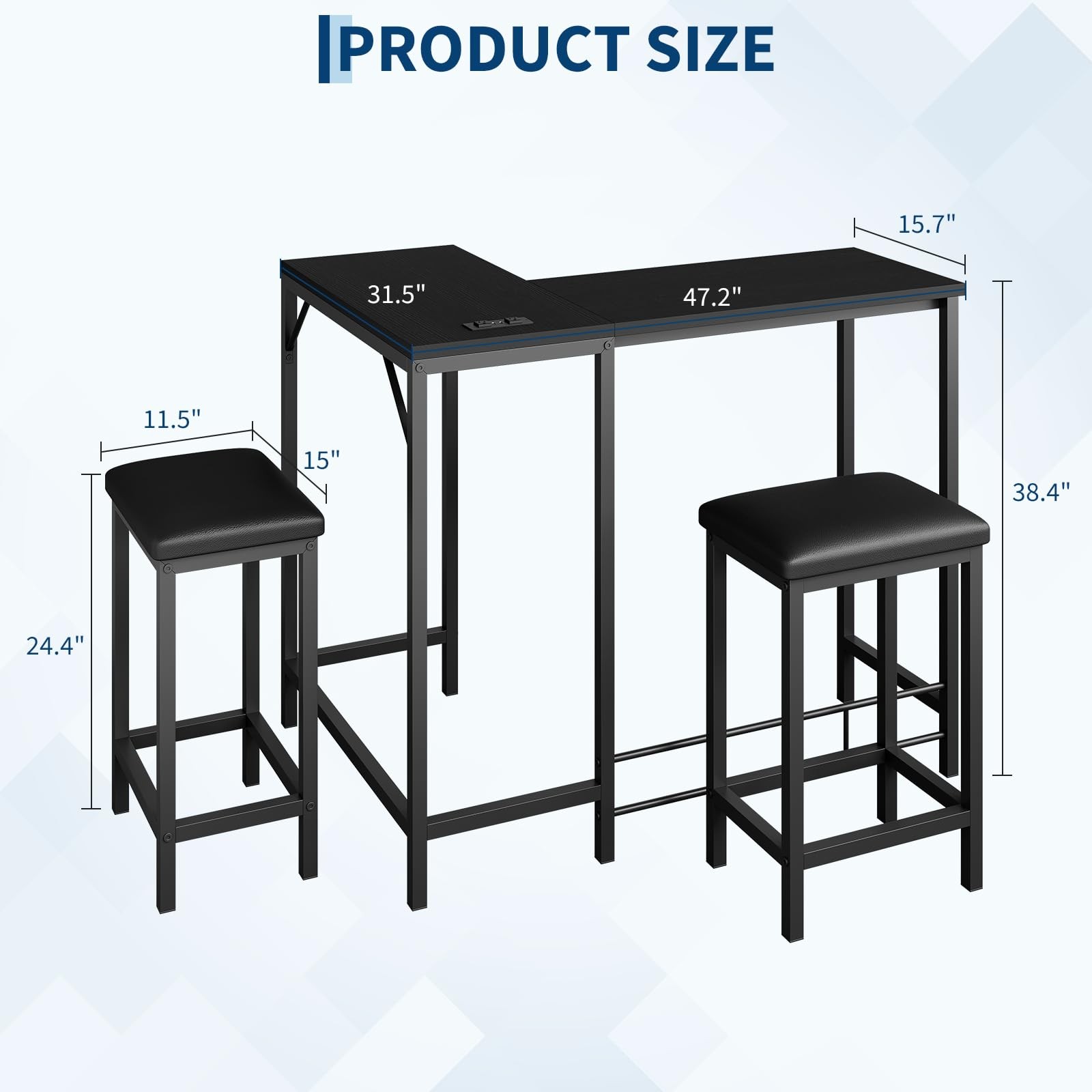 Bar Table and Chairs Set 63'' L-Shaped Bar Table with 2 Stools, Built-in Outlets