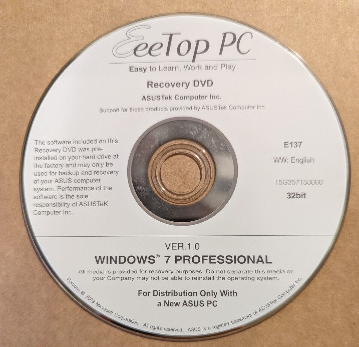 Asus EeeTop ET1602 AIO WINDOWS 7 RECOVERY CD DVD 32BIT  15G357153000 E137 - FAST