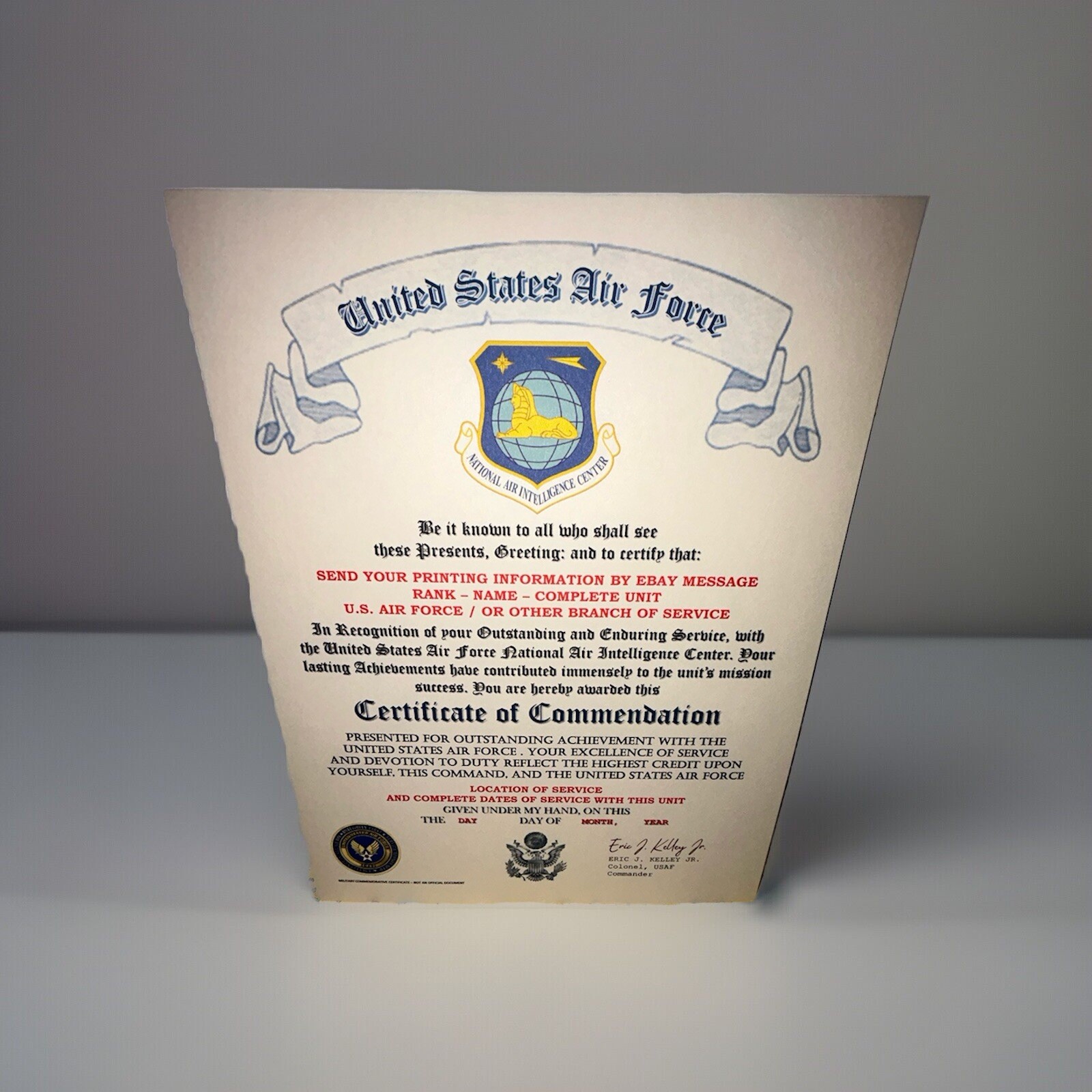 U.S.A.F. / A.F. NATIONAL AIR INTELLIGENCE CENTER - CERTIFICATE OF COMMENDATION