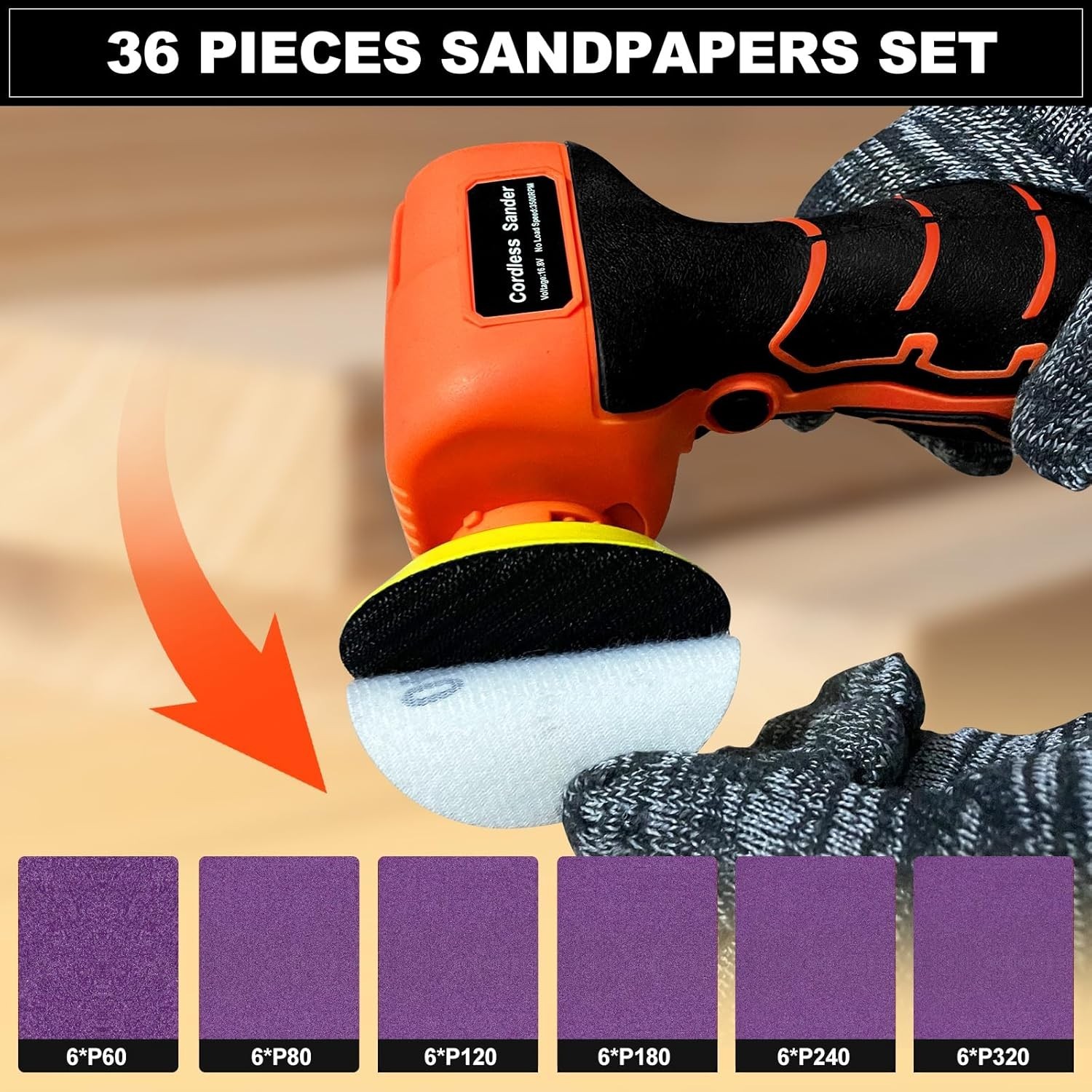 Brushless Small Sander with 36PCS Sandpapers, 2 Variable Speed Cordless Sander (